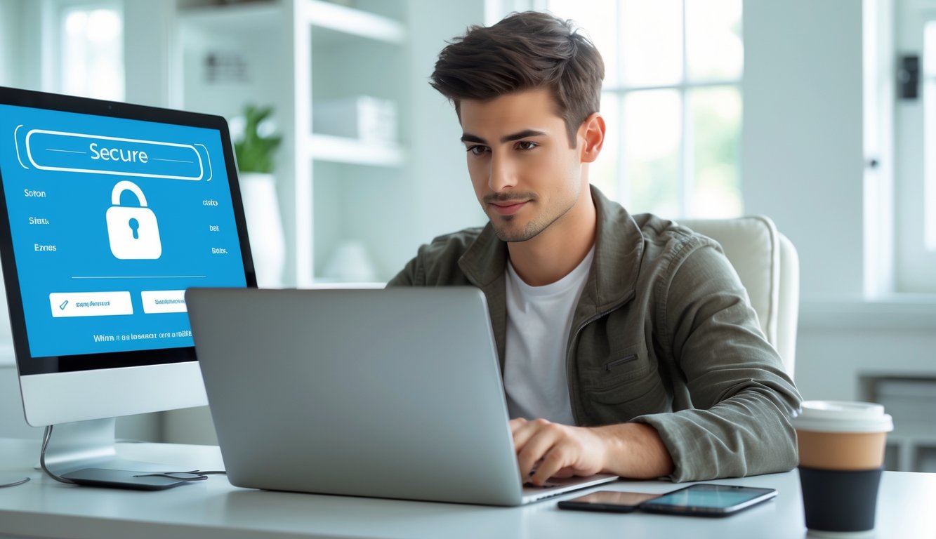 Seorang pria muda duduk di meja kerja dengan laptop di ruang kantor rumah yang terang dan rapi.