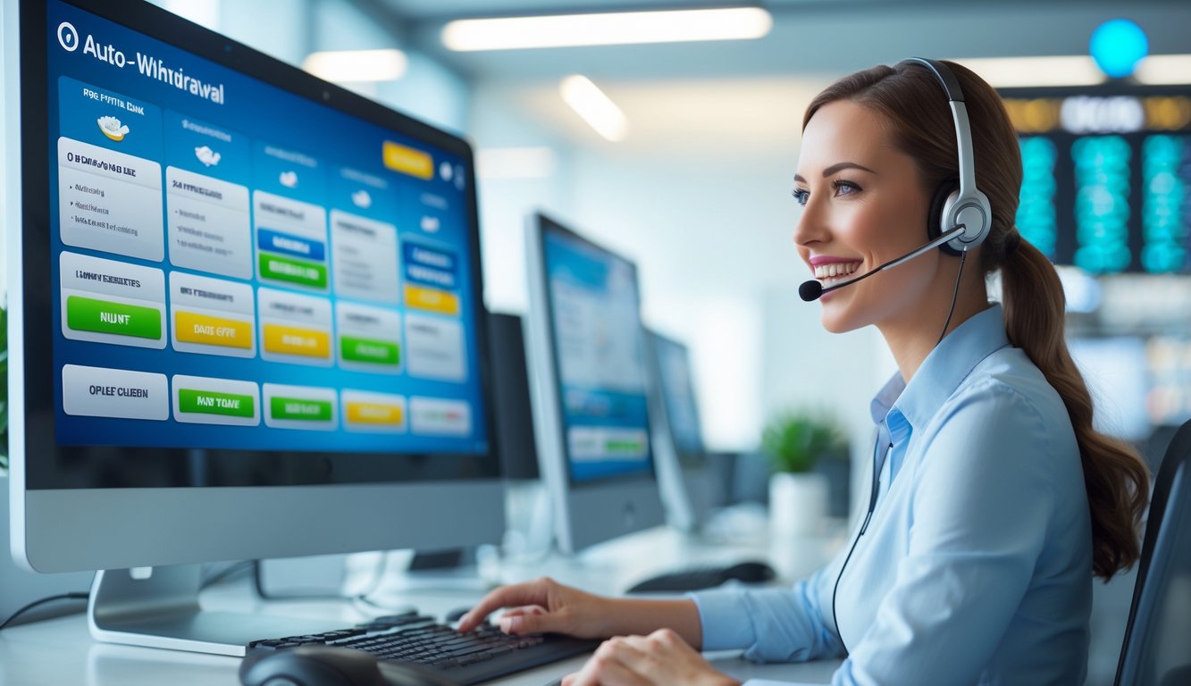 Seorang petugas layanan pelanggan ramah dengan headset di kantor modern, di depan layar komputer yang menampilkan transaksi penarikan otomatis.