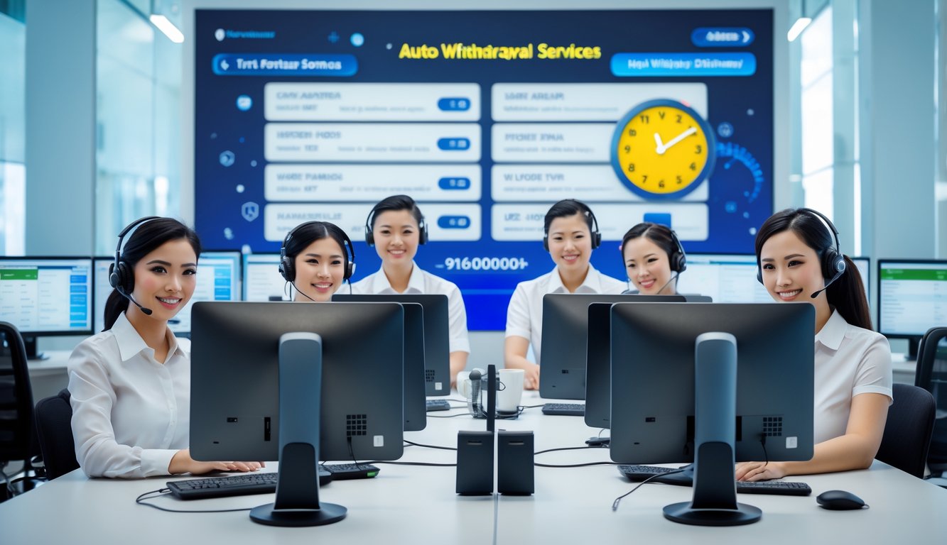 Sejumlah staf layanan pelanggan sedang bekerja di pusat layanan dengan komputer dan headset, menunjukkan dukungan 24 jam untuk layanan penarikan otomatis togel online.