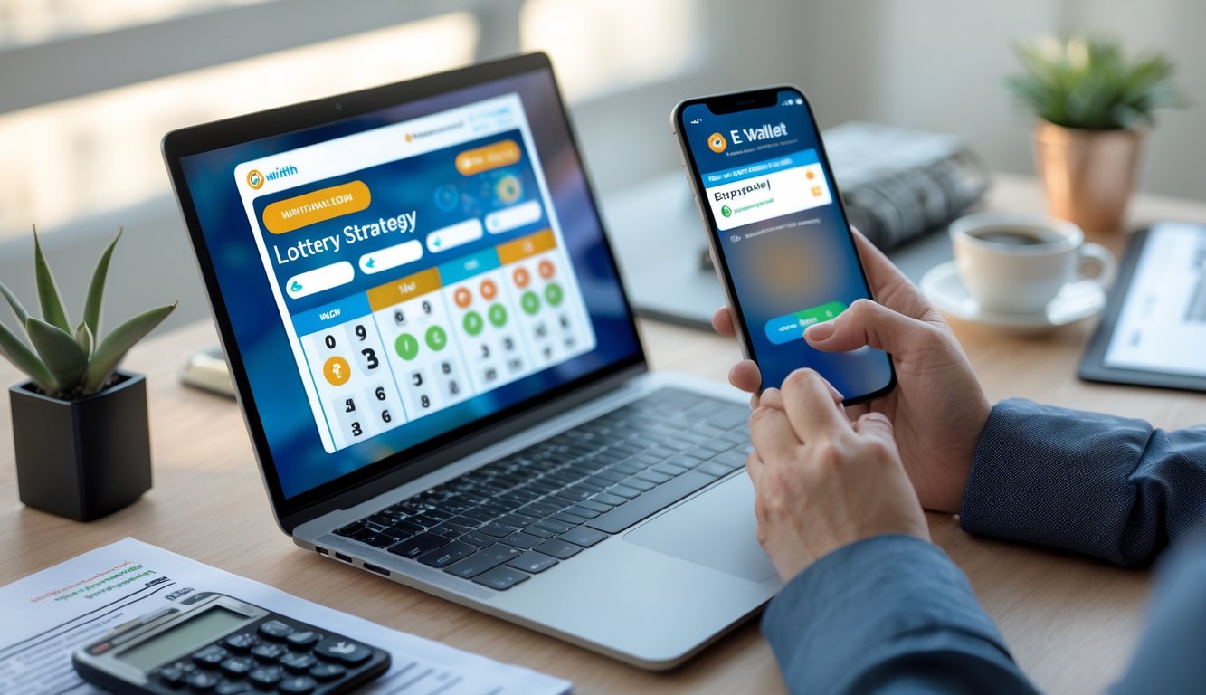 Seseorang menggunakan laptop dan ponsel di meja kerja dengan aplikasi e-wallet dan antarmuka togel online terlihat di layar.