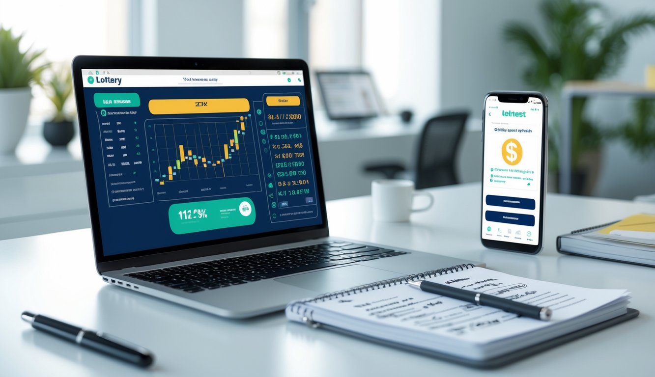 Meja kerja modern dengan laptop, smartphone menampilkan aplikasi e-wallet, dan catatan strategi togel online.