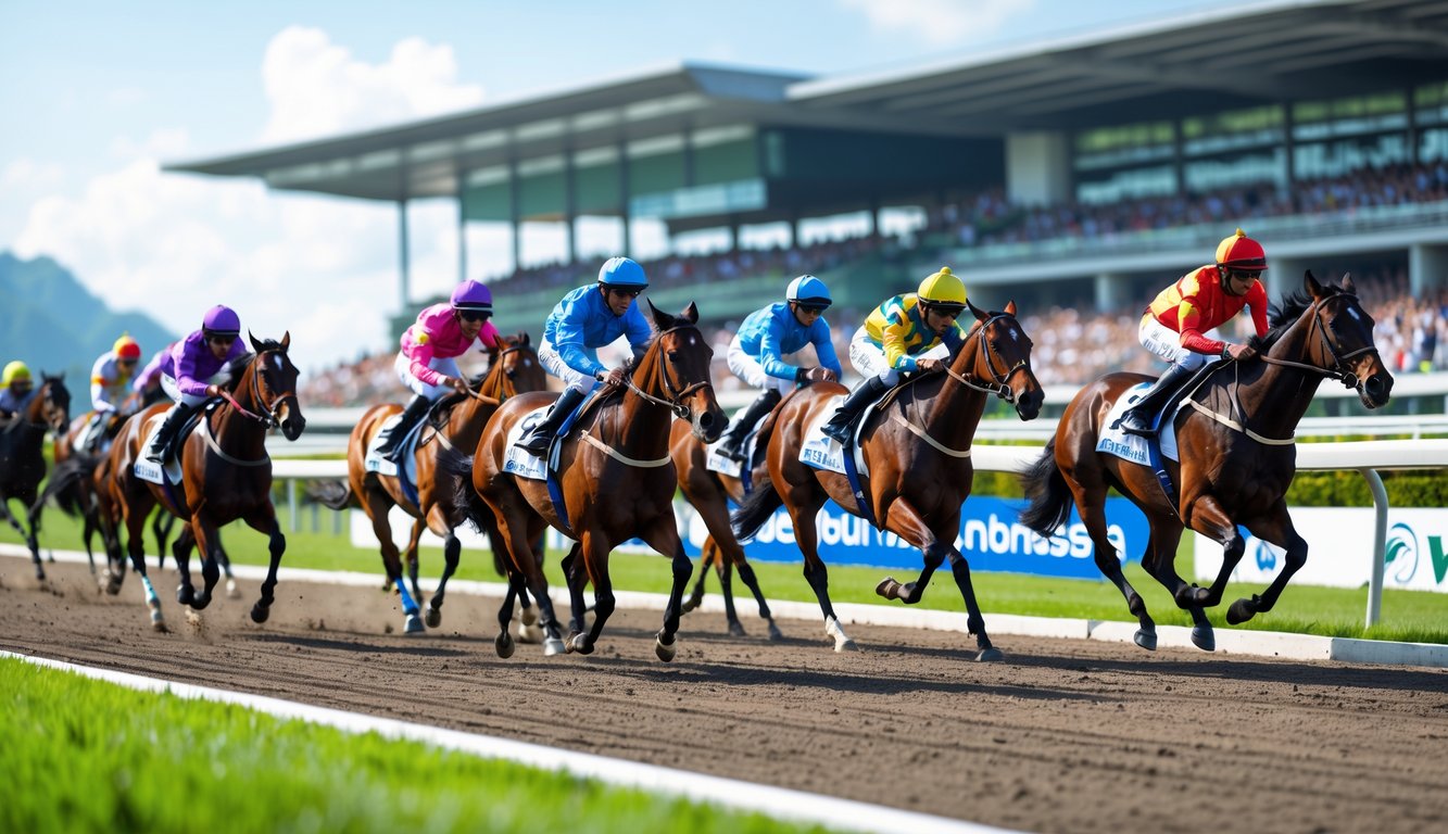 Sekelompok kuda pacuan dengan joki berwarna-warni sedang berlari di lintasan balap dengan tribun penonton di latar belakang.