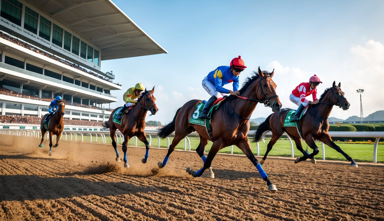 Beberapa kuda pacu dengan joki sedang berlomba di lintasan balap kuda resmi dengan tribun penonton di latar belakang.