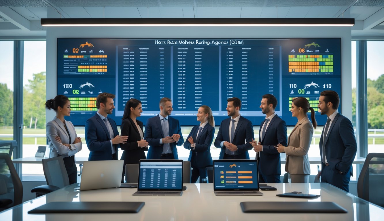 Kantor agen balap kuda dengan profesional yang sedang berdiskusi di depan layar digital menampilkan data balap kuda.