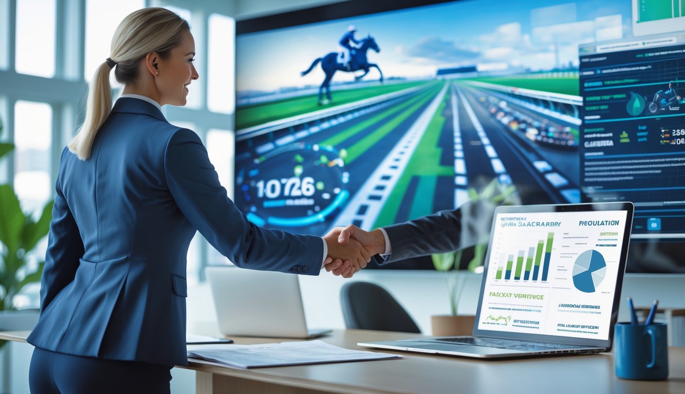 Seorang pebisnis berjabat tangan dengan klien di kantor modern dengan layar digital menampilkan lintasan balap kuda dan grafik data di latar belakang.