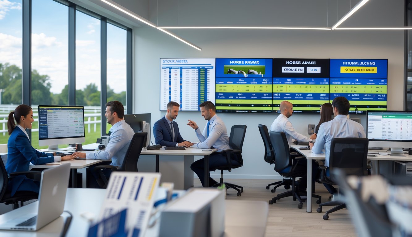 Kantor agen balap kuda dengan agen profesional yang sedang bekerja dan berdiskusi, menampilkan suasana yang rapi dan terang.