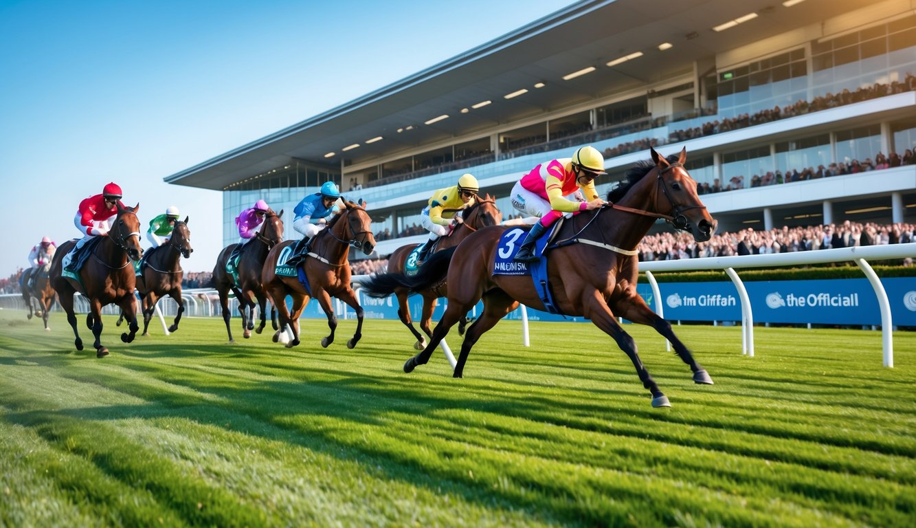 Pemandangan balap kuda di lintasan dengan beberapa kuda dan joki sedang berlomba di depan tribun penonton yang ramai.