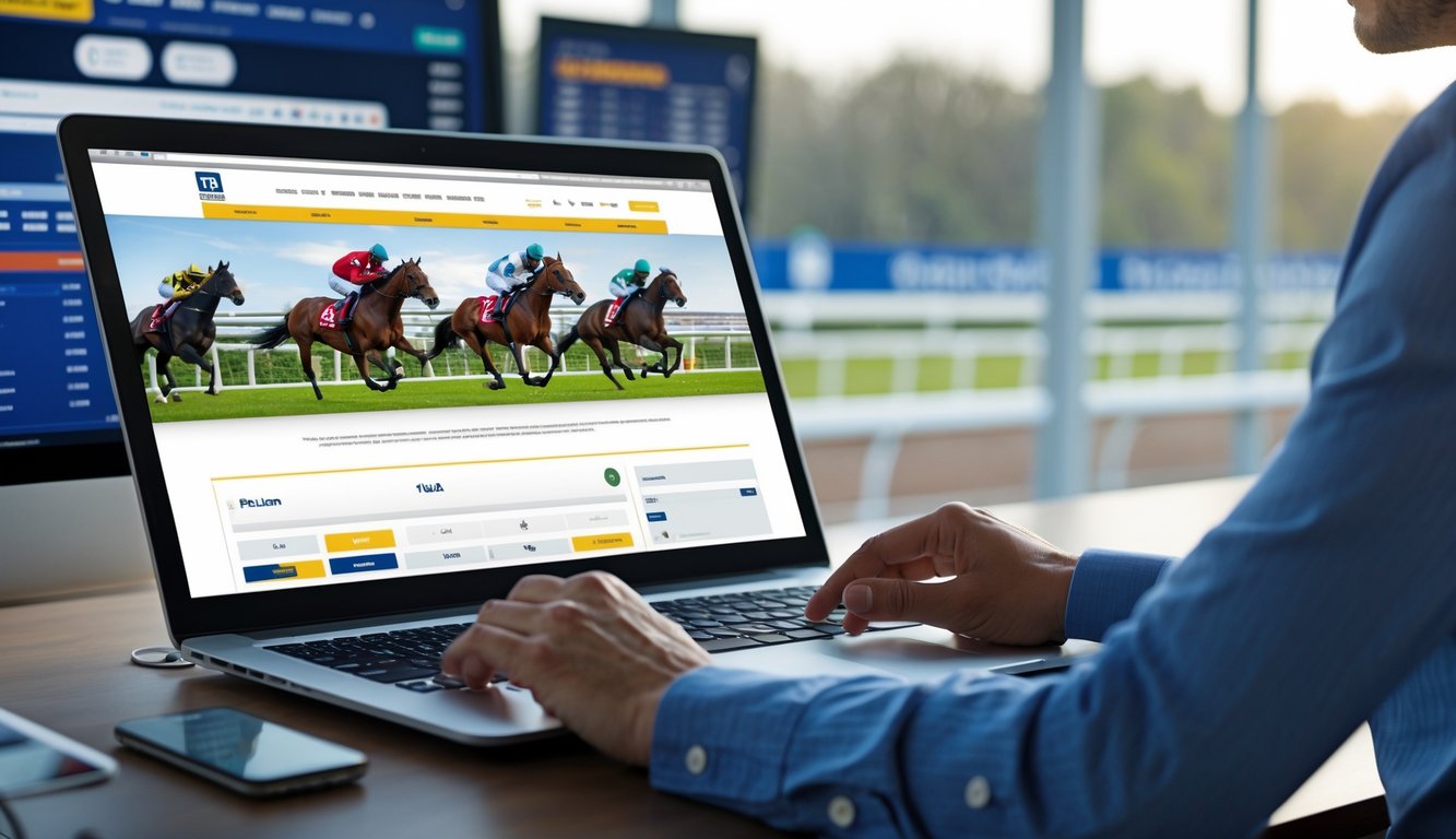 Seseorang menggunakan komputer untuk memasang taruhan balap kuda secara online di lingkungan yang aman dan profesional.