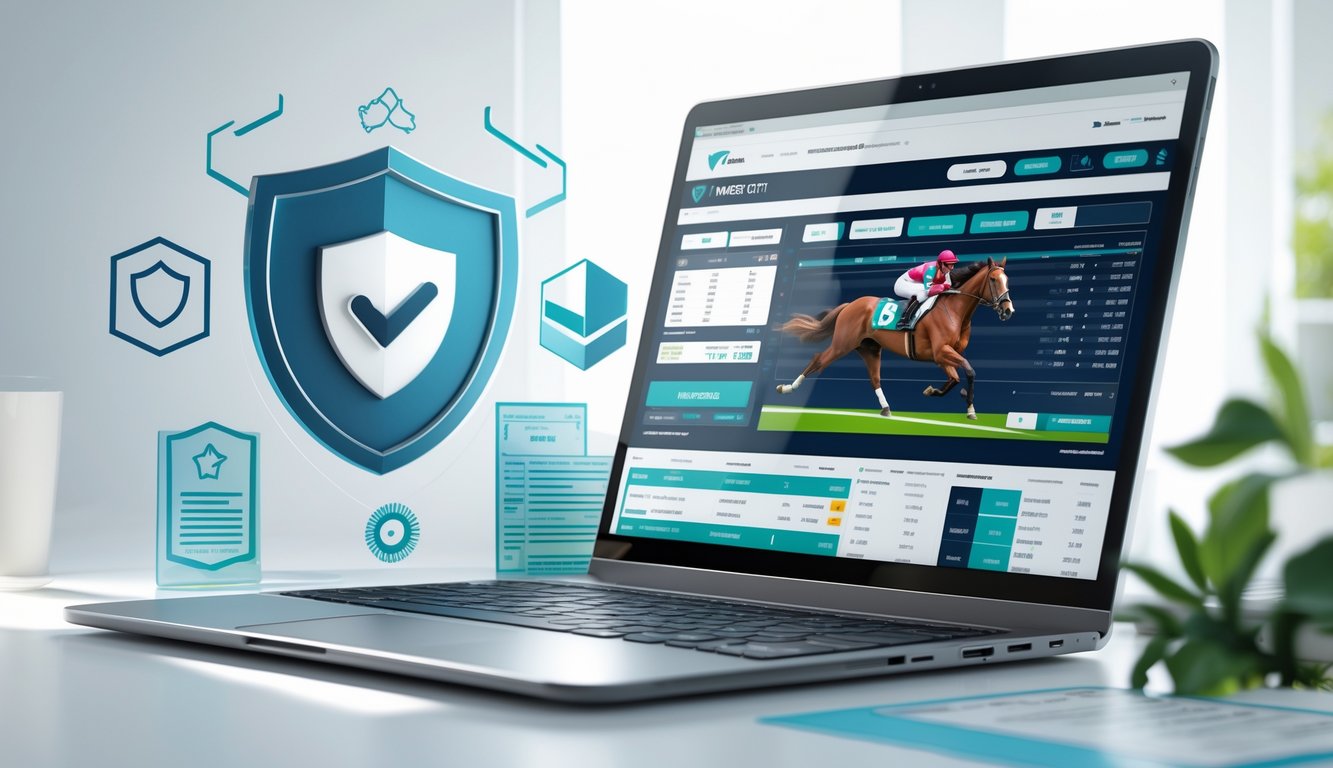 Seorang pengguna di depan komputer dengan tampilan antarmuka taruhan balap kuda online yang aman dan legal, dengan simbol keamanan dan dokumen resmi di meja.