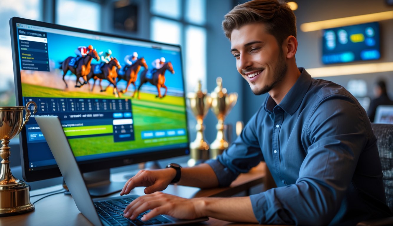 Seorang pria muda sedang mendaftar di situs taruhan balap kuda menggunakan laptop di kantor yang terang dan modern.