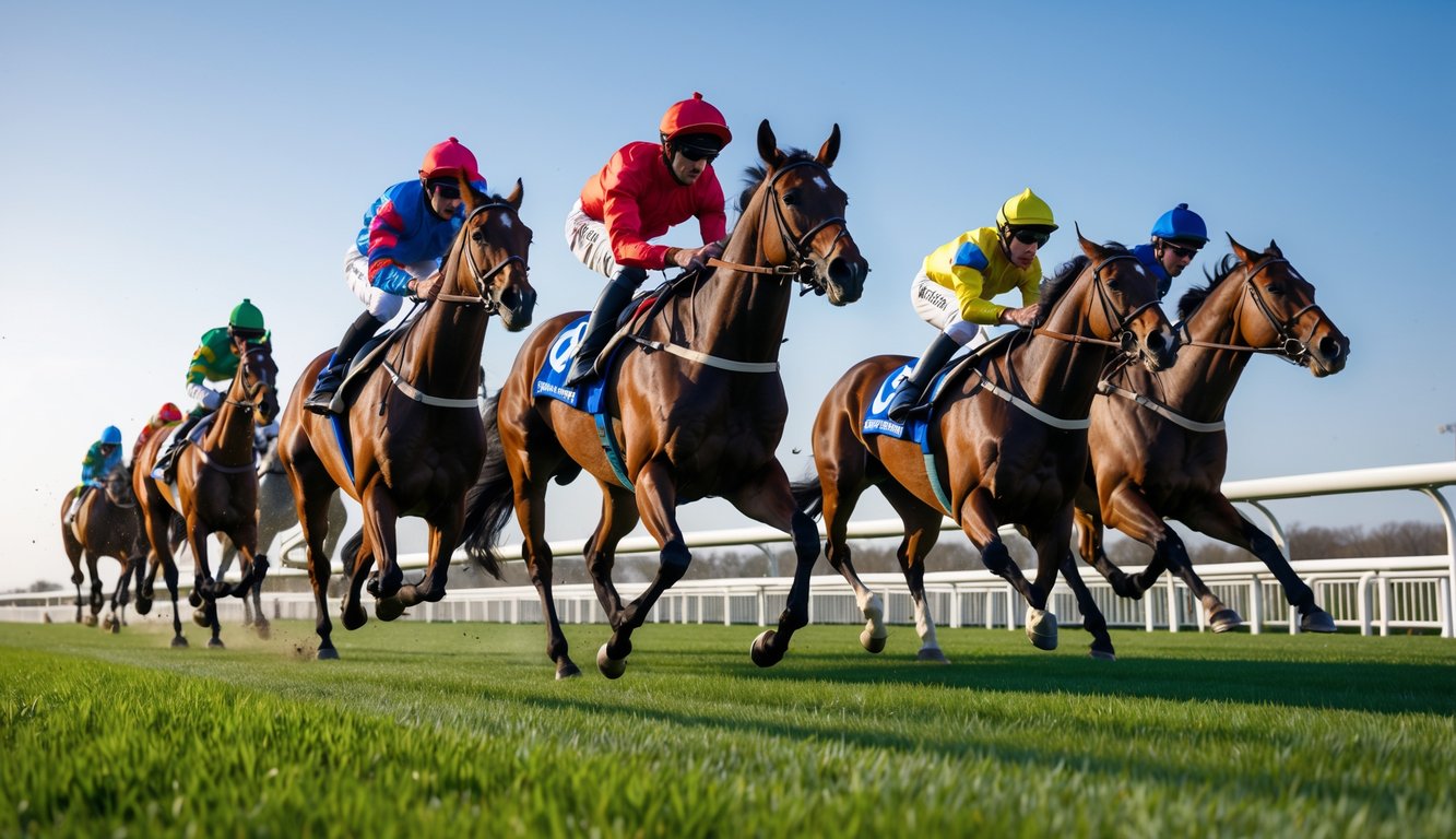 Beberapa kuda pacu dengan joki berwarna-warni sedang berlari cepat di lintasan balap kuda resmi dengan latar hijau dan langit biru.