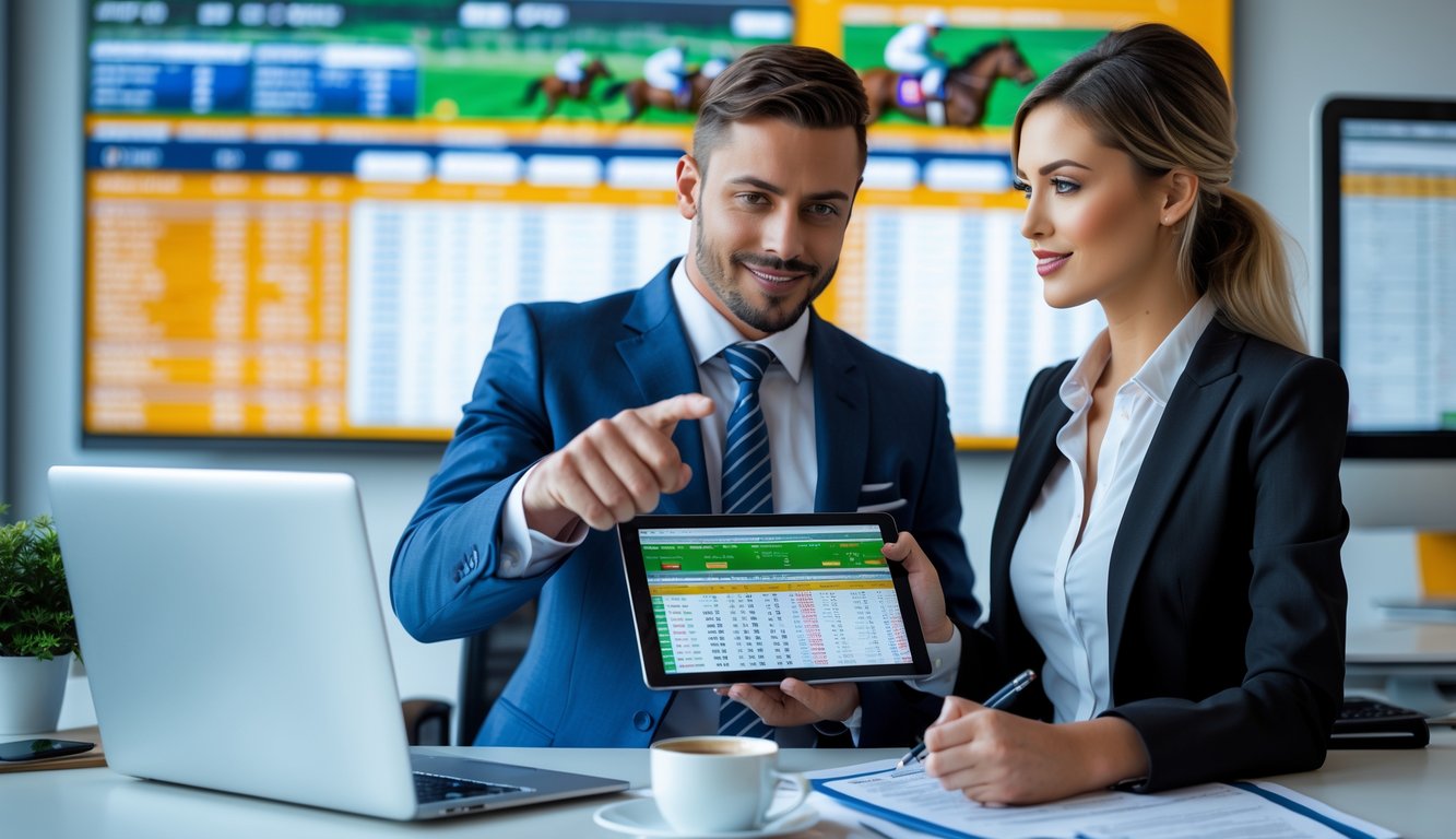 Seorang pria dan wanita berdiskusi di kantor dengan tablet yang menampilkan data balap kuda, suasana profesional dan fokus.