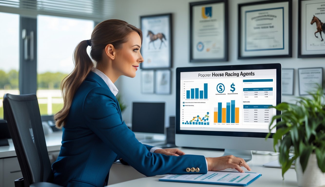 Seorang wanita profesional duduk di meja kantor dengan dokumen dan layar komputer yang menampilkan grafik dan ikon pembayaran aman, latar belakang terdapat gambar balap kuda dan sertifikat resmi.