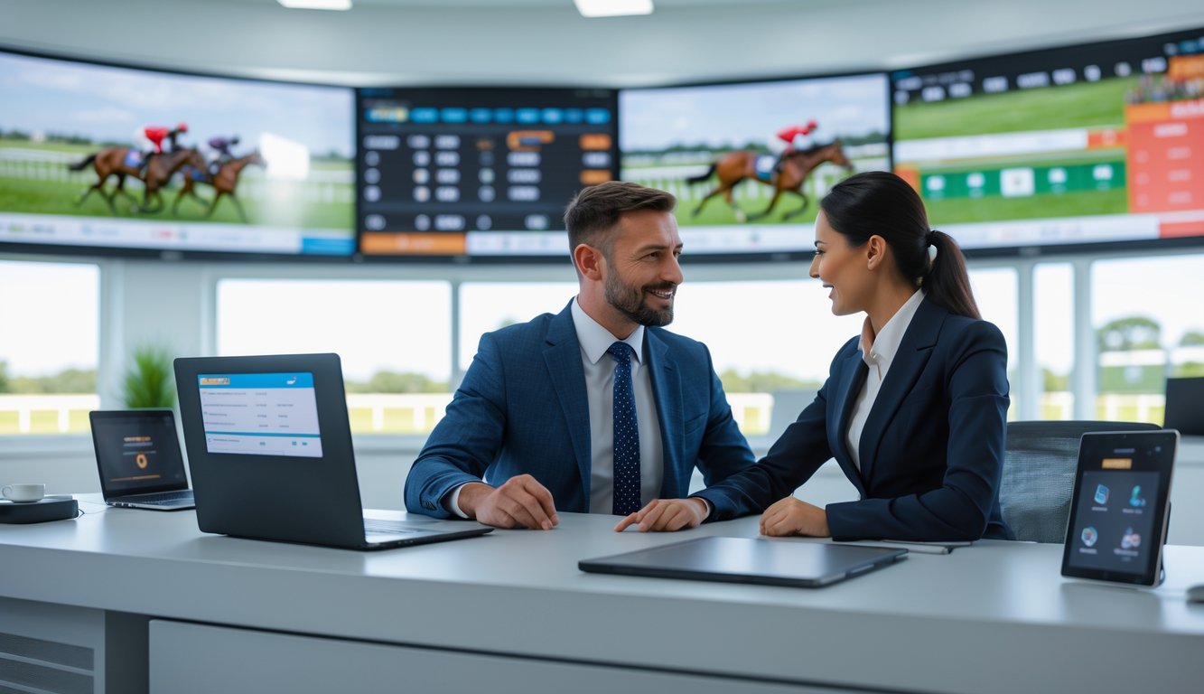 Seorang agen balap kuda sedang berbicara dengan klien di kantor modern yang terang dan rapi, dengan layar yang menampilkan data balap kuda dan perangkat digital untuk pembayaran aman.