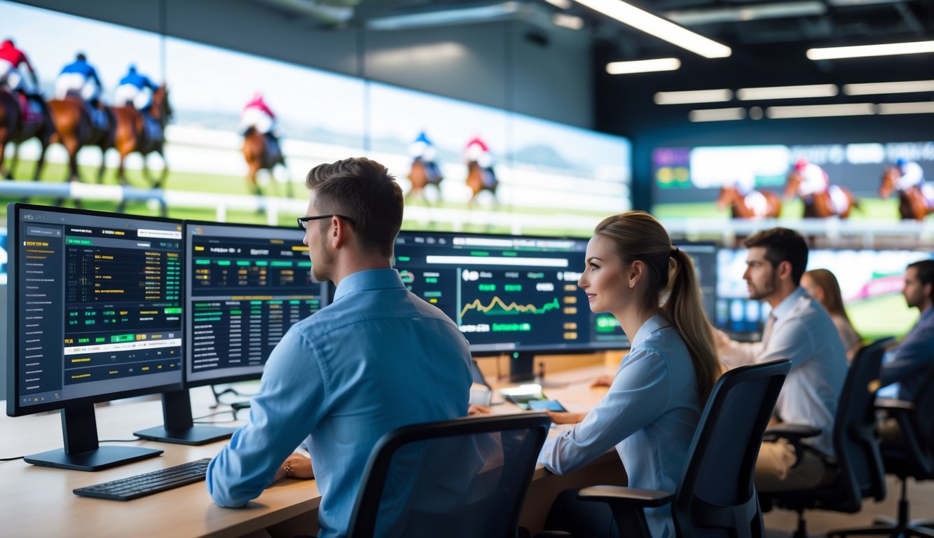 Orang-orang profesional sedang bekerja dengan komputer menampilkan data balap kuda dan taruhan secara online di kantor modern.