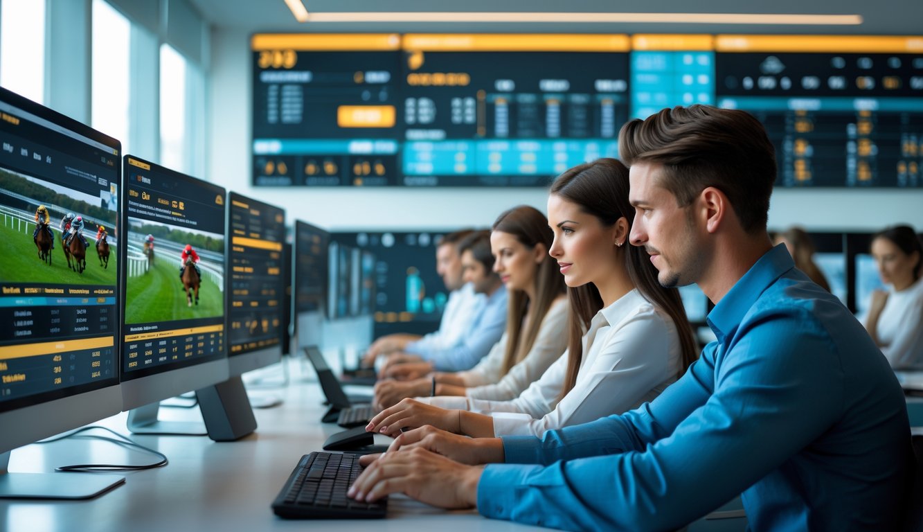 Orang-orang yang sedang menggunakan komputer untuk memasang taruhan balap kuda secara online di ruang kantor modern.