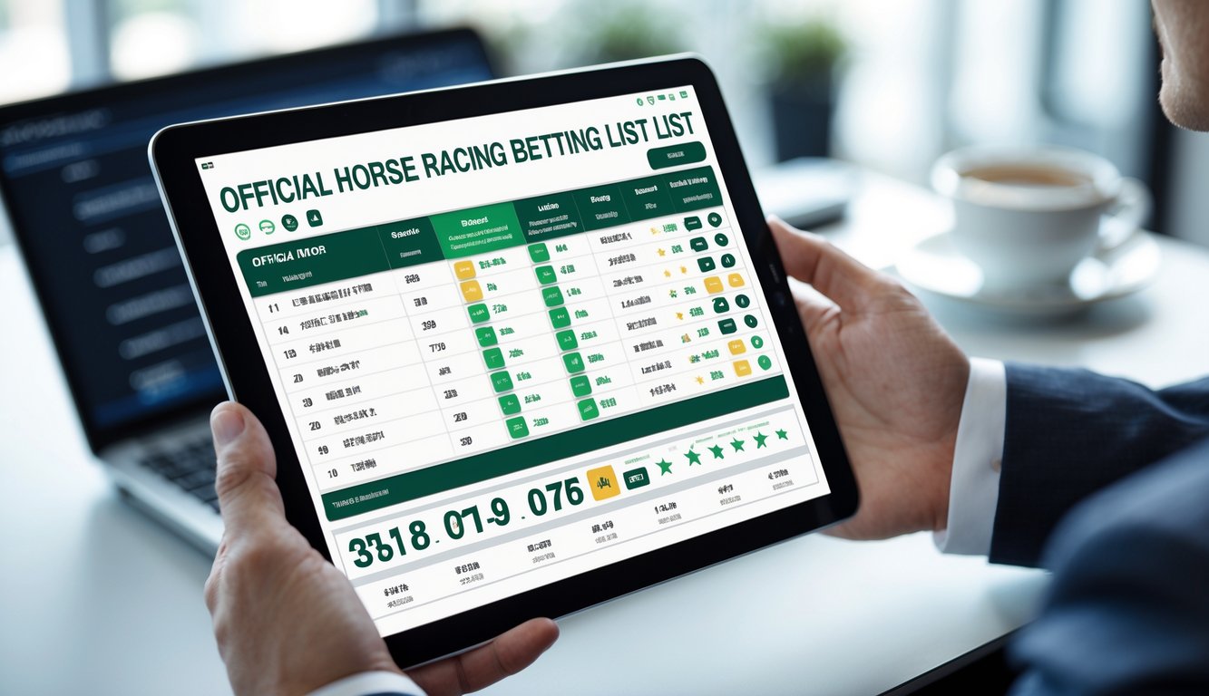 Seseorang memegang tablet yang menampilkan daftar resmi balap kuda dengan ulasan dan rating pengguna di sebuah kantor modern.