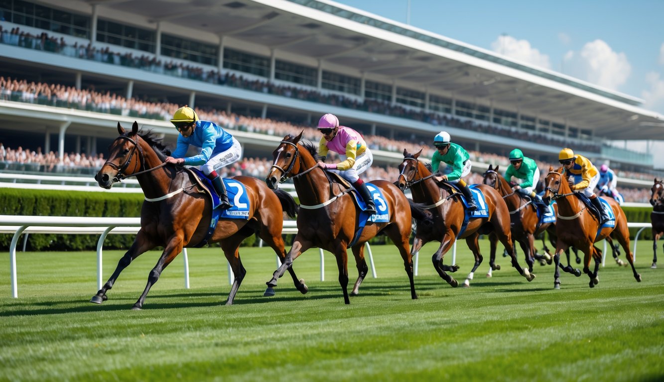 Beberapa kuda pacuan dengan joki sedang berlari cepat di lintasan balap kuda dengan tribun penonton di belakangnya.