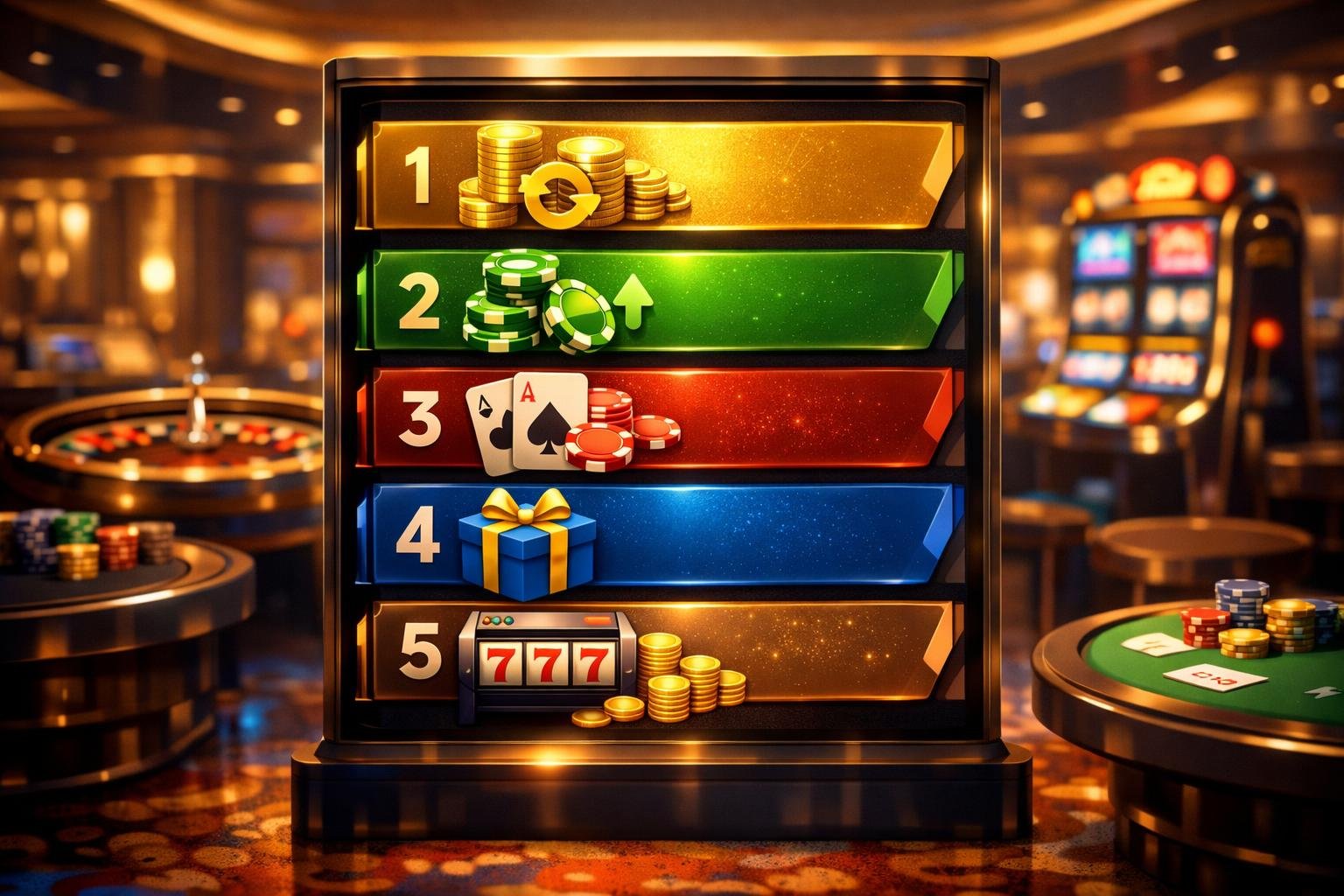 A Casino Scene With A Glowing Leaderboard Showing Icons Of Chips, Cards, And Coins, Surrounded By Roulette Wheels And Slot Machines.