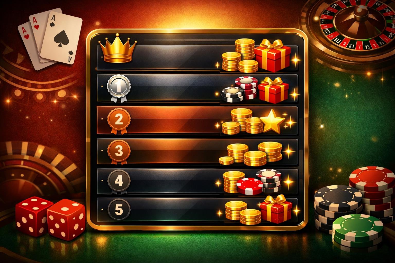 A Digital Leaderboard Showing Ranked Casino Logos With Icons Of Coins, Chips, And Gift Boxes, Surrounded By Casino Elements Like Cards, Dice, And Roulette Wheels.