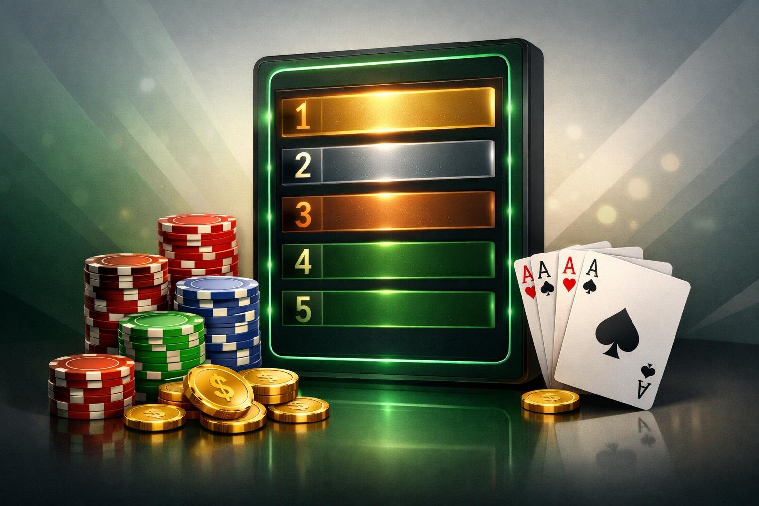 A Digital Leaderboard Showing A Top List Surrounded By Casino Chips, Playing Cards, And Gold Coins.