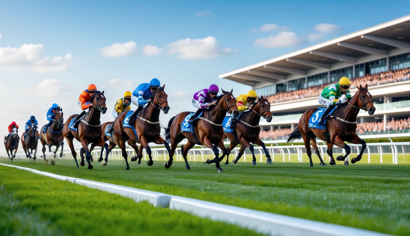 Lomba pacuan kuda dengan joki mengenakan pakaian balap berwarna-warni di lintasan hijau dan penonton di tribun.