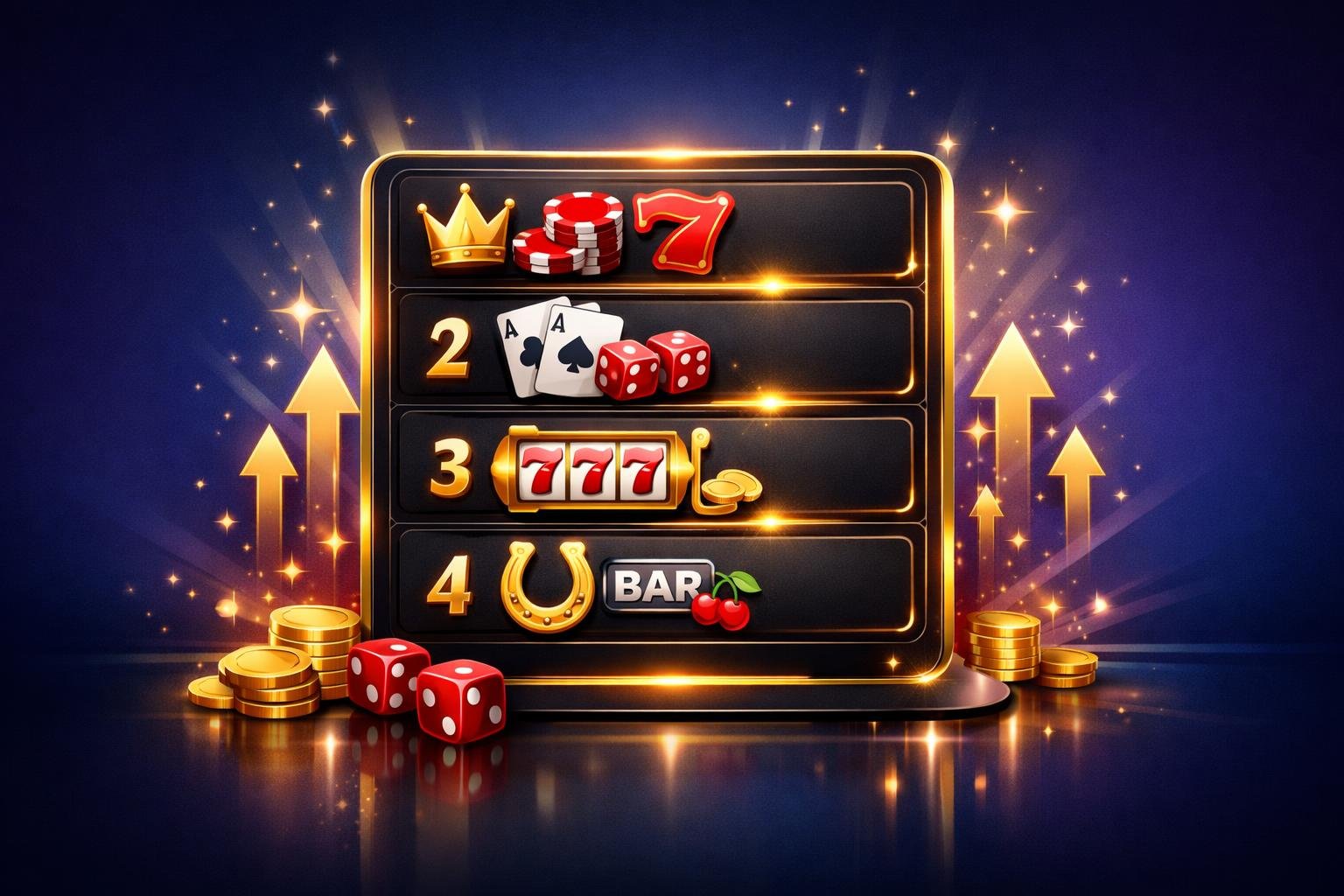 A Digital Leaderboard Showing Ranked Casino Icons Like Poker Chips, Cards, And Dice With Glowing Highlights And Upward Arrows, Set Against A Clean Blue And Purple Background.
