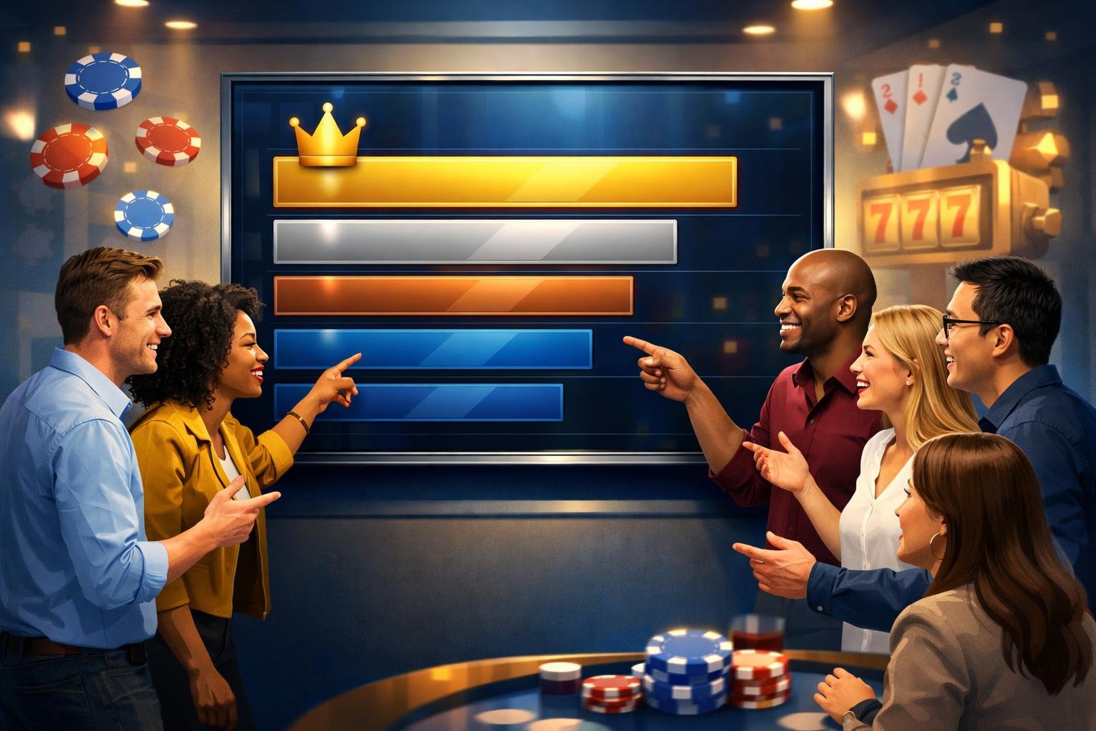 A Group Of Diverse Adults Gathered Around A Digital Leaderboard Showing Top Casino Reload Bonuses, Discussing And Pointing At It In A Modern Room With CasinoThemed Decorations.