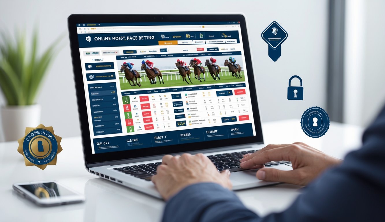 Sebuah laptop menampilkan situs taruhan balap kuda online resmi di atas meja kerja yang rapi dengan simbol keamanan dan kepercayaan di sekitarnya.