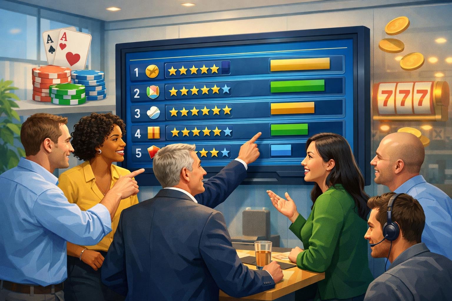 A Group Of People In An Office Looking At A Large Screen Showing A Leaderboard With CasinoThemed Icons Around Them.