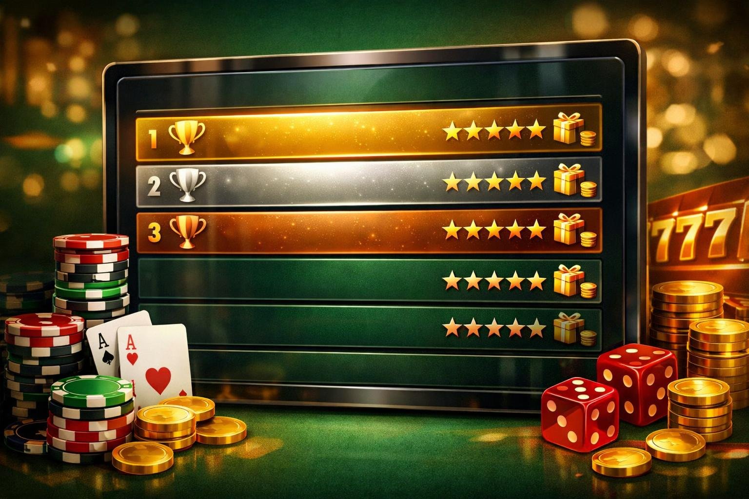 A Digital Leaderboard Showing A Top List Of Casino Bonuses Surrounded By Poker Chips, Playing Cards, And Gold Coins.