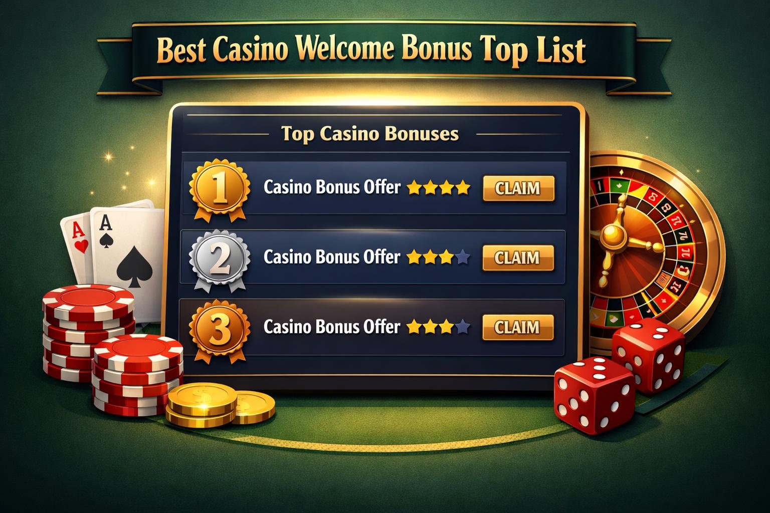 A Digital Screen Showing A Ranked List Of Casino Bonuses With Medals, Surrounded By Poker Chips, Playing Cards, And A Roulette Wheel.