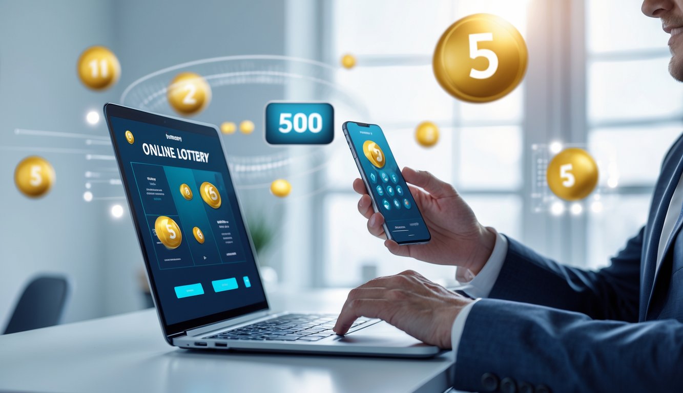 Seseorang yang percaya diri menggunakan laptop dan ponsel di ruang kerja modern dengan latar belakang elemen digital terkait lotere online.