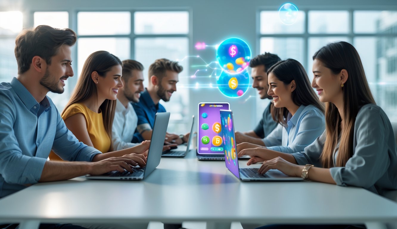 Sejumlah orang muda menggunakan laptop dan ponsel di kantor modern yang terang, fokus pada aktivitas permainan lotre online.