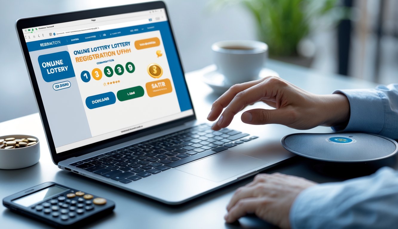 Seseorang menggunakan laptop di meja kerja modern dengan perangkat keuangan di sekitarnya, menunjukkan aktivitas pendaftaran togel online.