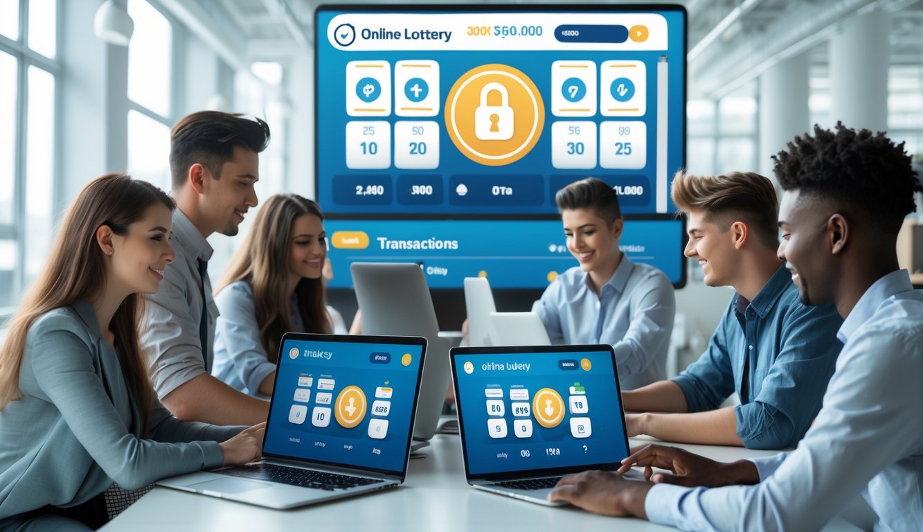 Sekelompok orang muda menggunakan laptop dan ponsel di kantor modern yang terang, sedang bermain togel online dengan suasana aman dan cepat.