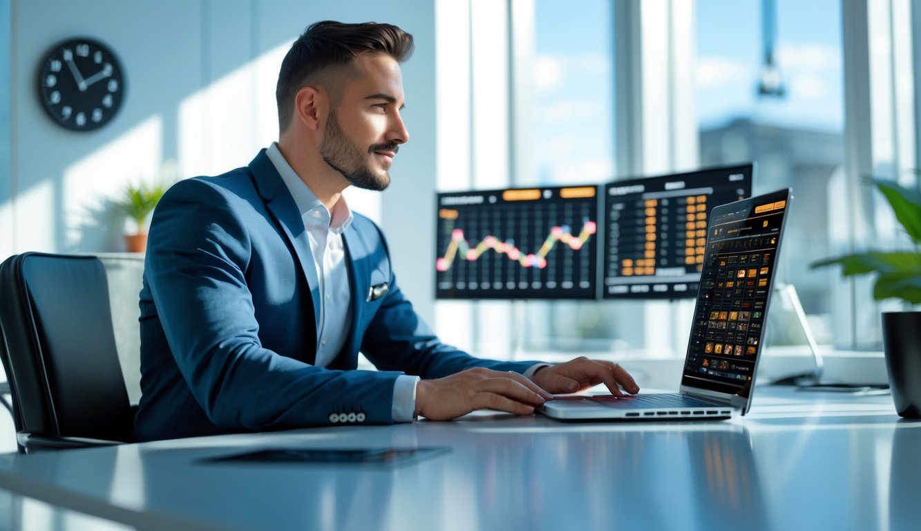 Seorang pria profesional duduk di meja kerja modern dengan laptop dan beberapa layar yang menampilkan grafik dan angka terkait permainan online.