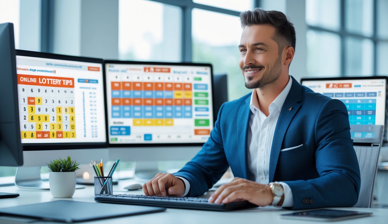 Seorang pria berpakaian rapi duduk di meja kantor dengan beberapa layar komputer menampilkan grafik dan angka, sedang menganalisis data dengan ekspresi percaya diri.