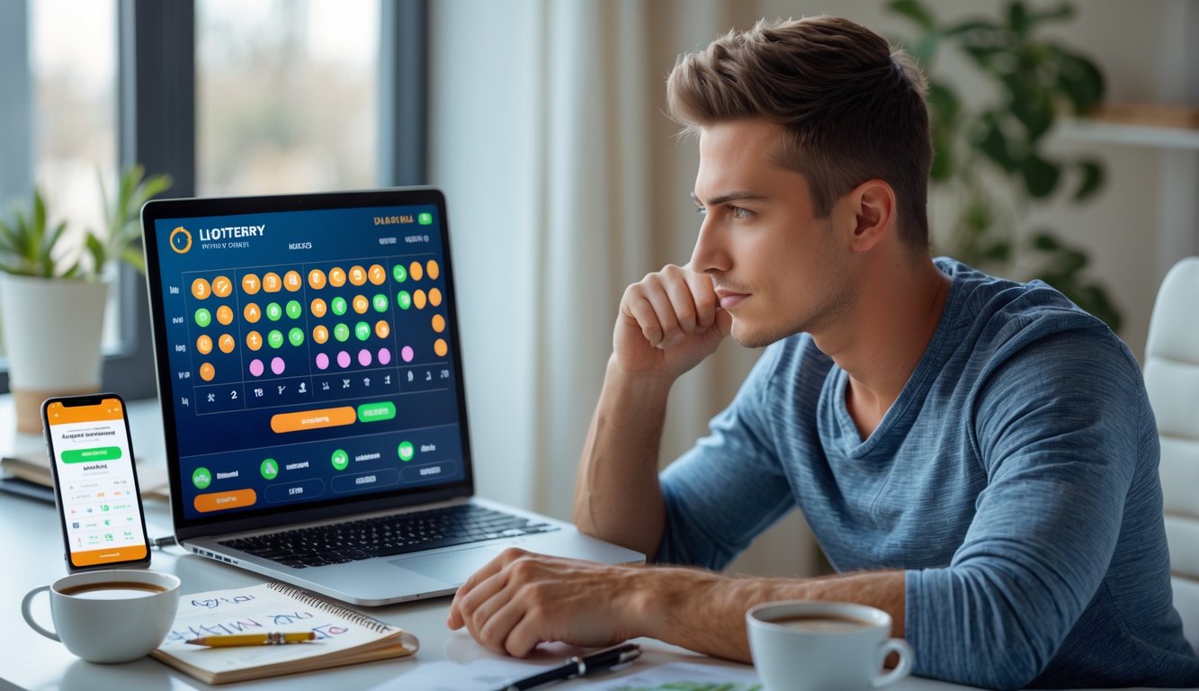Seorang pria muda duduk di meja dengan laptop dan smartphone, fokus pada layar yang menampilkan antarmuka togel online dan catatan strategi.