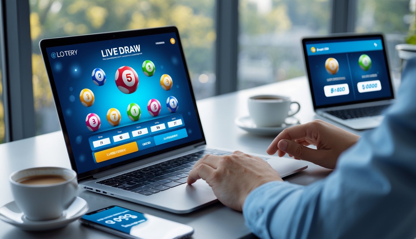 Seseorang menggunakan laptop yang menampilkan undian togel online dengan bola dan angka, di meja terdapat ponsel dan cangkir kopi.