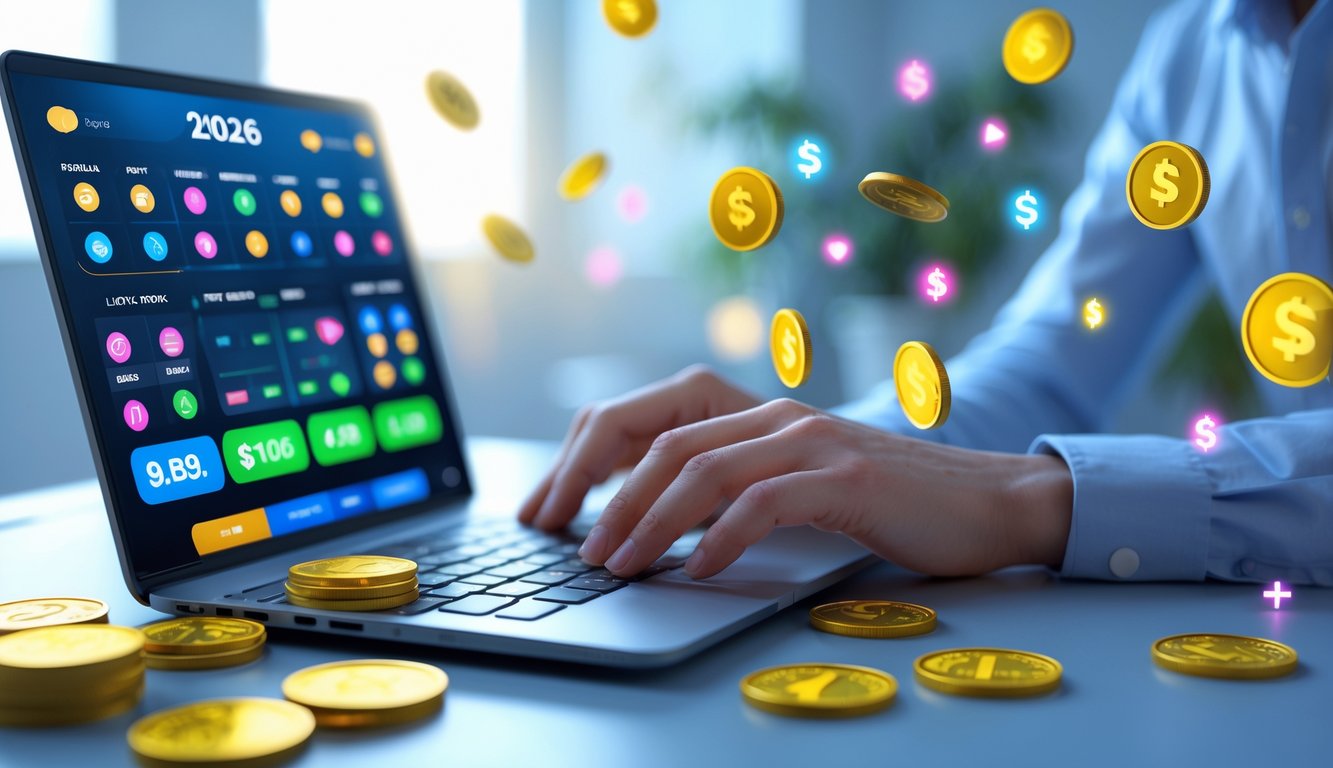 Sebuah laptop modern di meja dengan tampilan antarmuka digital yang menampilkan angka dan ikon bonus, dikelilingi oleh grafik dan koin digital di ruang kerja yang bersih dan futuristik.