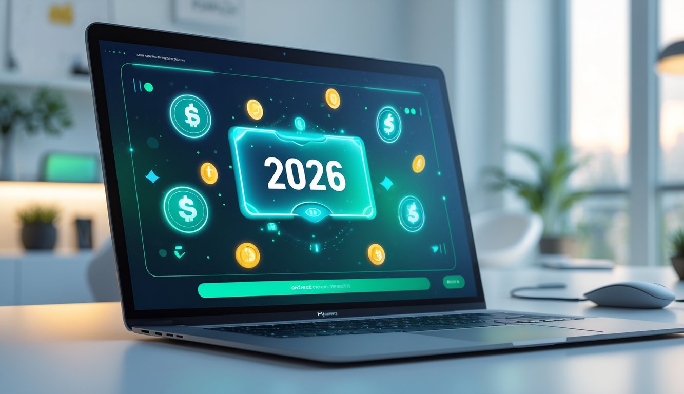 Suasana ruang kerja modern dengan komputer yang menunjukkan grafik abstrak terkait lotere dan taruhan online.