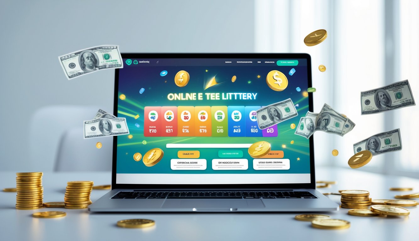 Seorang pengguna duduk di depan laptop dengan tampilan situs judi online, dikelilingi oleh simbol uang dan ikon kecepatan.