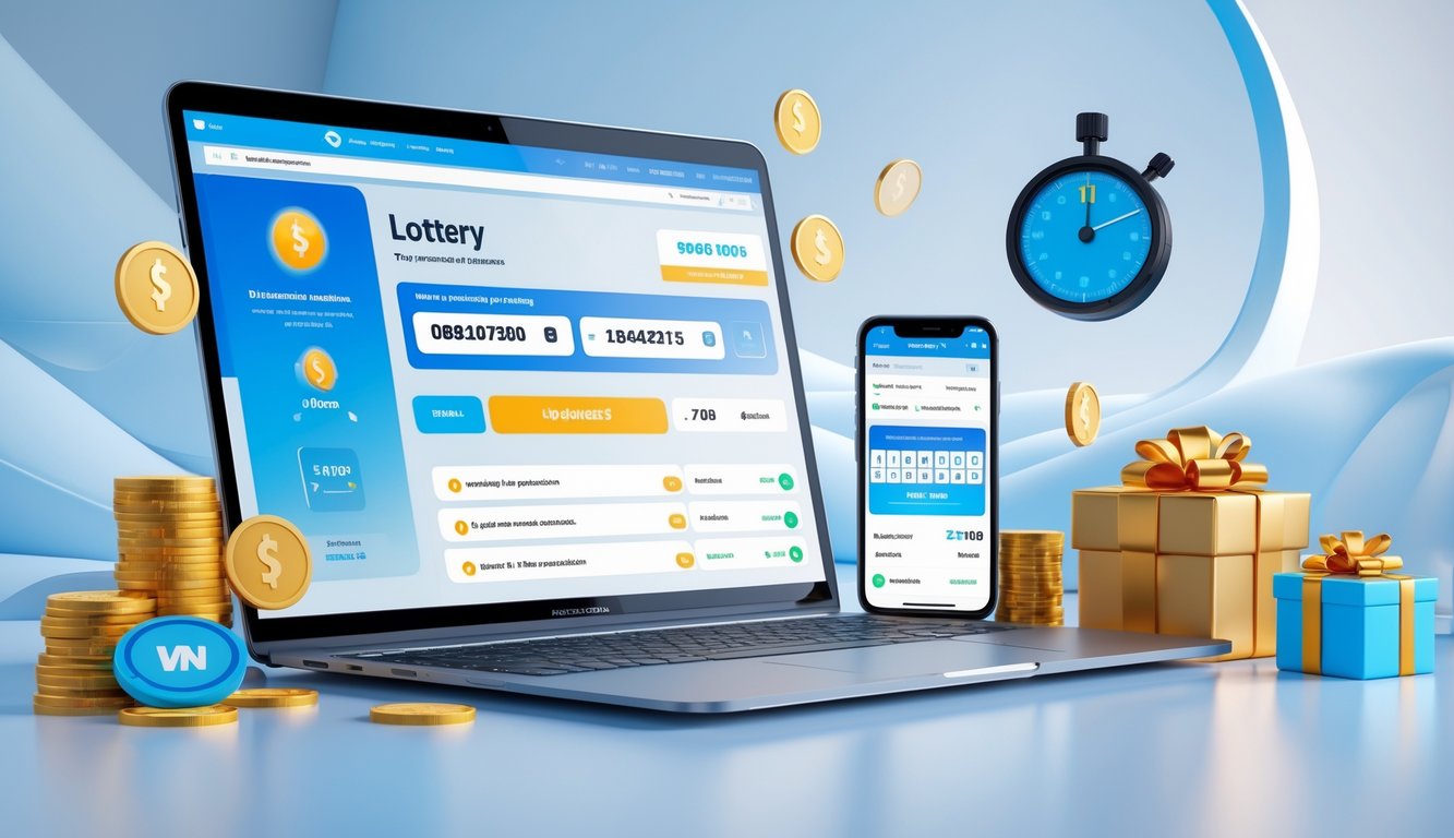 Seorang pria menggunakan laptop dan ponsel pintar dengan tampilan angka lotere dan simbol koin digital, stopwatch, serta kotak hadiah di sekitarnya.