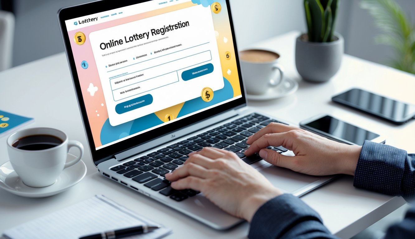Meja kerja dengan laptop yang menampilkan formulir pendaftaran togel online, tangan mengetik di keyboard, dan beberapa alat tulis di sekitar.