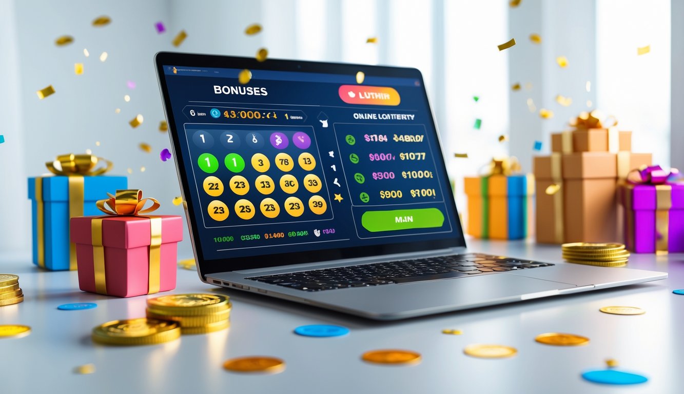 Seorang pengguna duduk di depan laptop dengan tampilan antarmuka togel online, dikelilingi oleh koin emas dan kotak hadiah yang melambangkan bonus dan promosi harian.