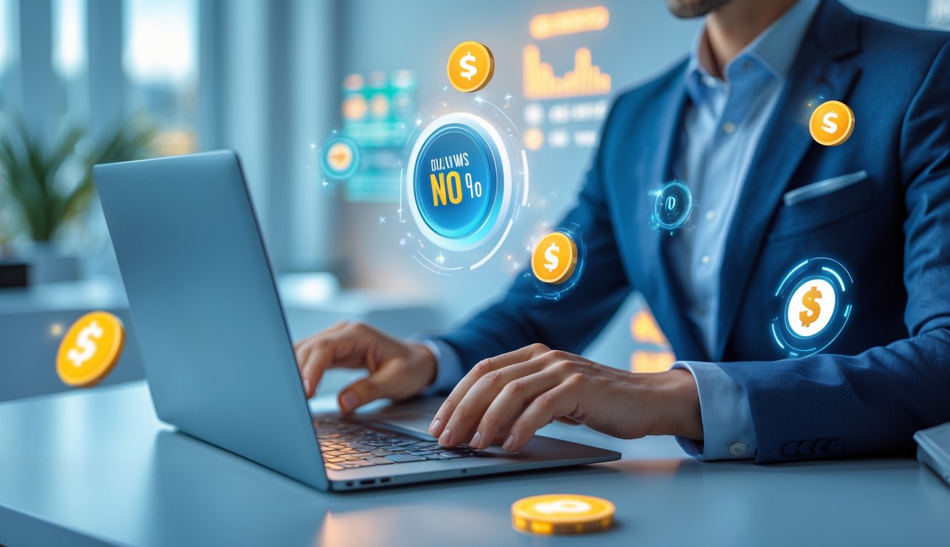 Seorang profesional menggunakan laptop di meja kerja modern dengan latar belakang simbol bonus dan promosi digital.