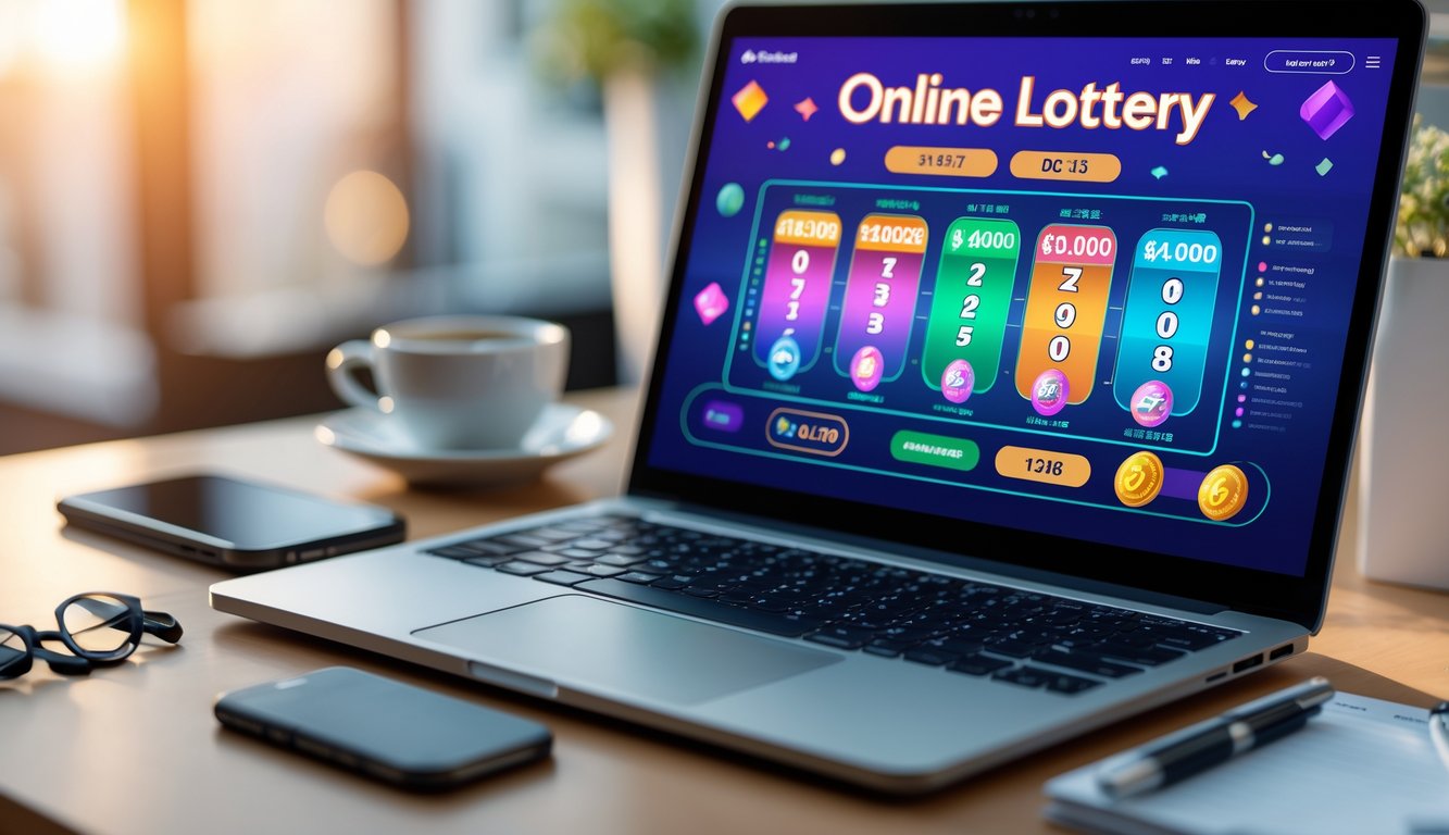 Seorang pengguna sedang melihat layar laptop dengan tampilan platform togel online yang menampilkan grafik dan ikon jackpot, di meja terdapat ponsel, cangkir kopi, dan buku catatan.