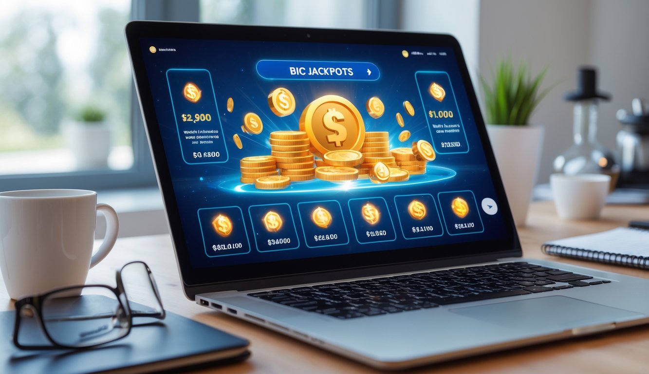 Seseorang menggunakan perangkat digital dengan tampilan antarmuka togel online yang menampilkan simbol jackpot dan bonus besar.