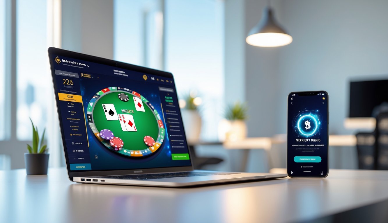 Seorang pria menggunakan laptop dan smartphone di meja kerja dengan tampilan permainan poker online dan notifikasi bonus referral.